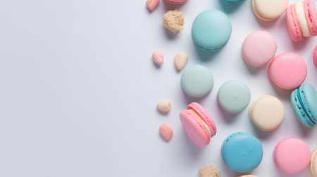 Colorful macaroons on white background. Top view with copy spaceの素材