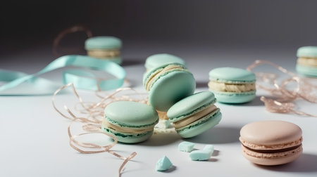 Macaroons and ribbons on a white background, selective focusの素材