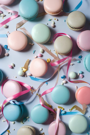 Colorful macarons on a blue background. Top view.の素材