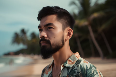 Portrait of a handsome young asian man on the beach.の素材