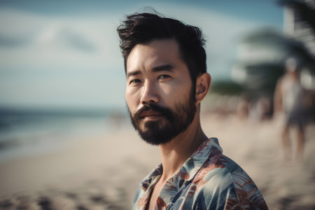 Portrait of a handsome young man with a beard on the beachの素材