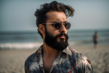 Portrait of handsome bearded man in sunglasses and shirt on the beachの素材