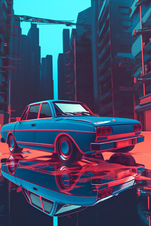 Retro car on the background of the city. 3d renderingの素材
