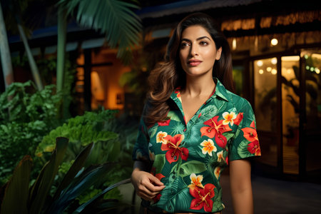 Portrait of a beautiful woman in a green dress on the background of tropical plantsの素材
