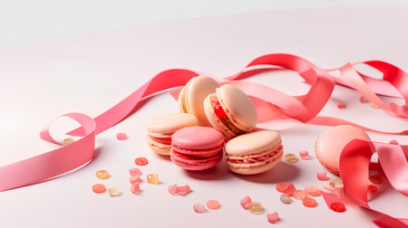 Macaroons with pink ribbons on white background, copy spaceの素材