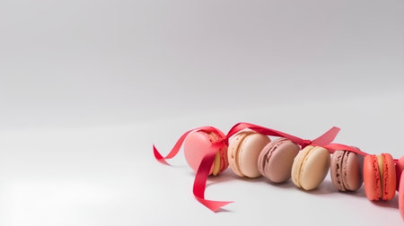 Macaroons with red ribbons on white background, copy spaceの素材