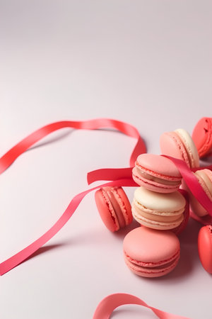 Macaroons with red ribbon on a white background. Selective focus.の素材