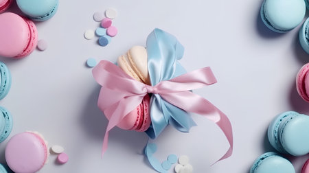 Colorful macaroons with pink ribbon on pastel blue backgroundの素材