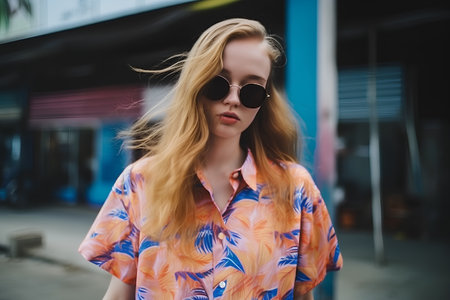 Portrait of a beautiful blonde girl in sunglasses on the street.の素材