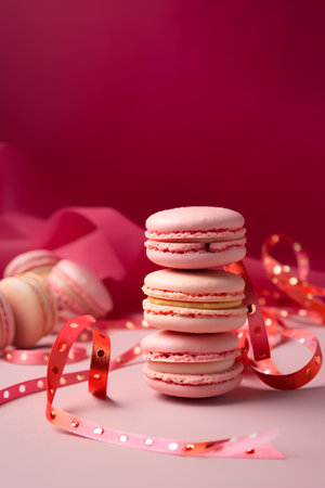 Macaroons with red ribbons on pink background with copy spaceの素材