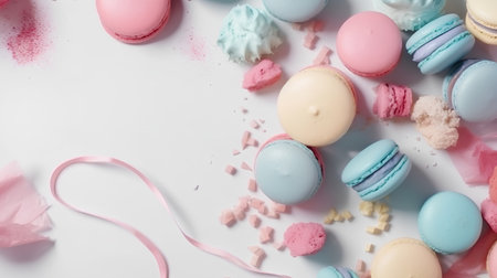 Colorful macaroons and marshmallows on a white backgroundの素材