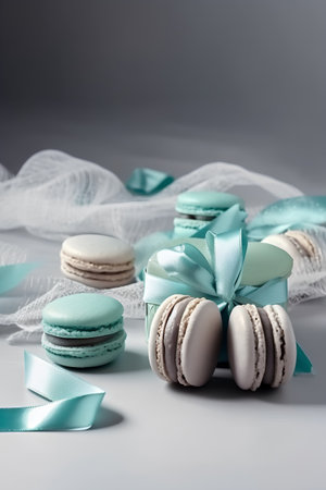 Macaroons with turquoise ribbon and bow on grey backgroundの素材