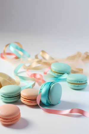 Colorful macarons with ribbons on a white background.の素材