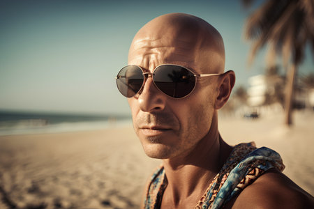 Portrait of a man in sunglasses on the beach. Toned.の素材