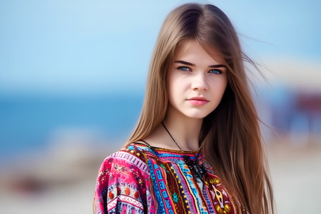 Portrait of a beautiful young woman with long brown hair on the beachの素材