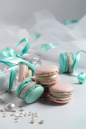 Gift box with macarons on white background, selective focusの素材
