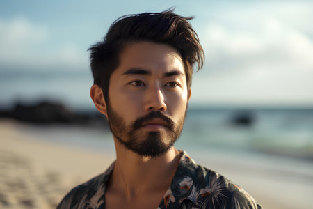 Portrait of a handsome young man with beard and mustache on the beachの素材