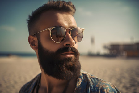 Portrait of a handsome bearded man in sunglasses on the beach.の素材
