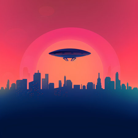 Airship flying over the city. Flying saucer. Vector illustrationの素材