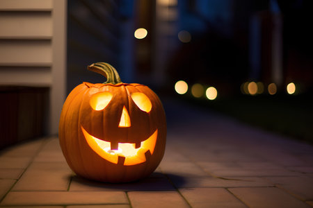 Halloween pumpkin on the street at night. Selective focus.の素材