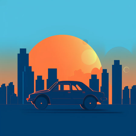 Retro car on the background of the sunset. Vector illustration.の素材
