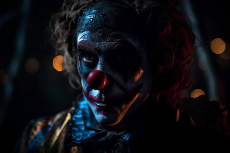 Close-up portrait of a scary clown in the dark at nightの素材