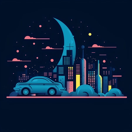 Night city with skyscrapers, cars and moon. Vector illustrationの素材