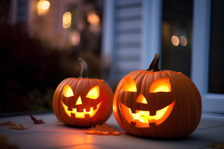 Jack o lanterns for Halloween on the porch of the house.の素材