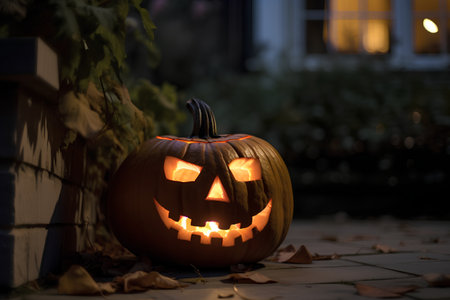 Halloween pumpkin head jack-o-lantern on the street at nightの素材