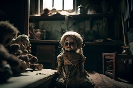 Creepy doll in an abandoned house. Halloween. Horror movie.の素材