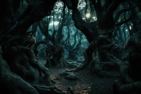 Mysterious dark forest with old tree roots and light at nightの素材