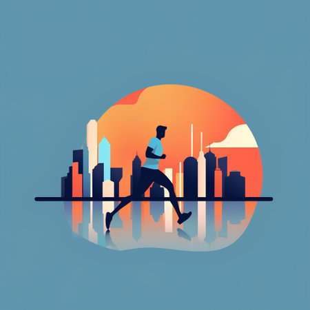 Man running in the city at sunset. Vector illustration in flat styleの素材