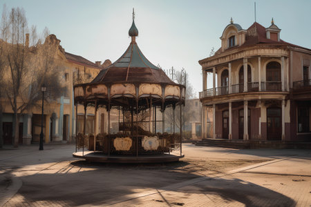 Old vintage wooden carousel in the city center of Odessa, Ukraineの素材