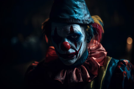 Close-up portrait of a scary clown with red nose in the darkの素材