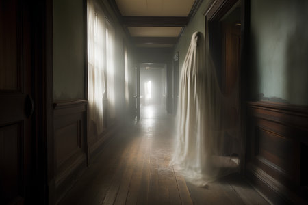 Interior of an old building with a ghost in a dark roomの素材