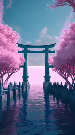 japanese temple and cherry blossom - 3d render illustrationの素材