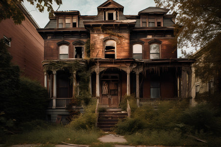Vintage style photo of an old abandoned house in the city.の素材