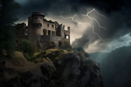 Fantasy landscape with ruins of medieval castle on the hill and lightningの素材