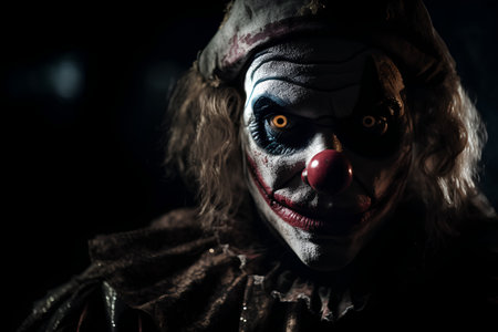 Close-up portrait of a scary clown in the dark. Horror movie.の素材