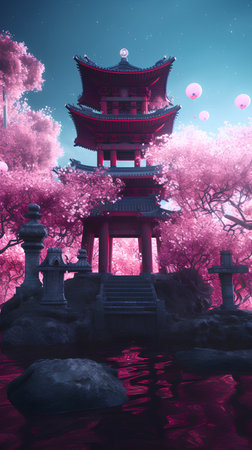 Pagoda and pagoda in the garden with pink cherry blossomの素材
