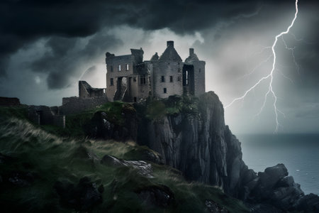 Ruins of a medieval castle in a stormy landscape with lightningの素材