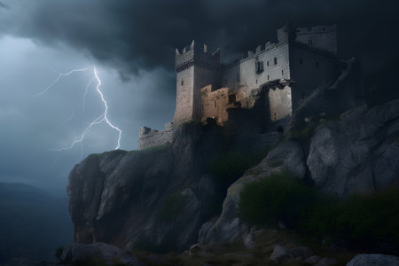 Conceptual image of medieval castle with lightning in the sky.の素材