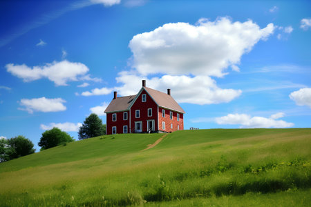 House on the hillside with blue sky and white clouds, summer landscapeの素材