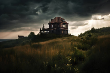 Abandoned house on the hill. Dramatic stormy sky.の素材
