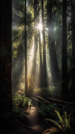 Redwood forest with sunlight and fog in California, United States.の素材