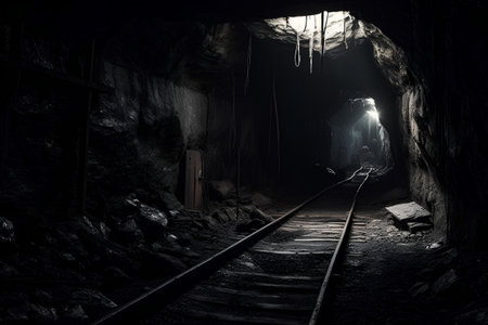 Interior of a coal mine with light coming through the tunnel.の素材