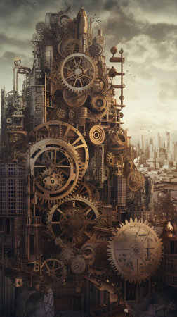 Abstract steampunk background with mechanical gears and cogwheels. 3d renderの素材