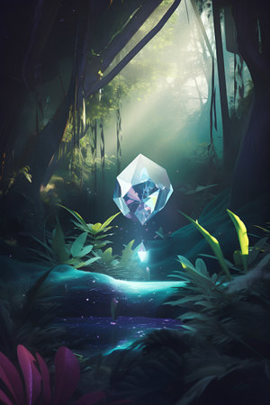 3D rendering of a crystal in a tropical jungle, illuminated by sunlightの素材