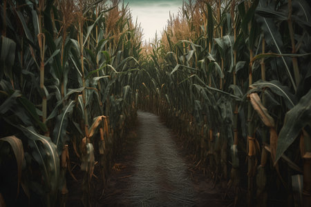 Corn field with a path going through it in a cloudy day.の素材
