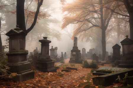 Old cemetery in foggy autumn day, UK. Halloween concept.の素材
